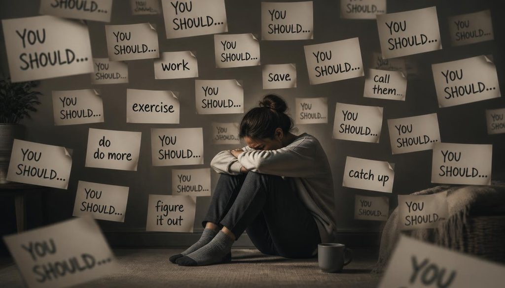 adult life shoulds mental load Adult trying to rest while overwhelmed by should statements and responsibilities