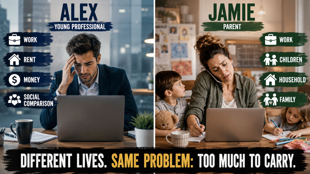 alex jamie emotional load adult life Two adults with different responsibilities experiencing similar emotional and mental overload