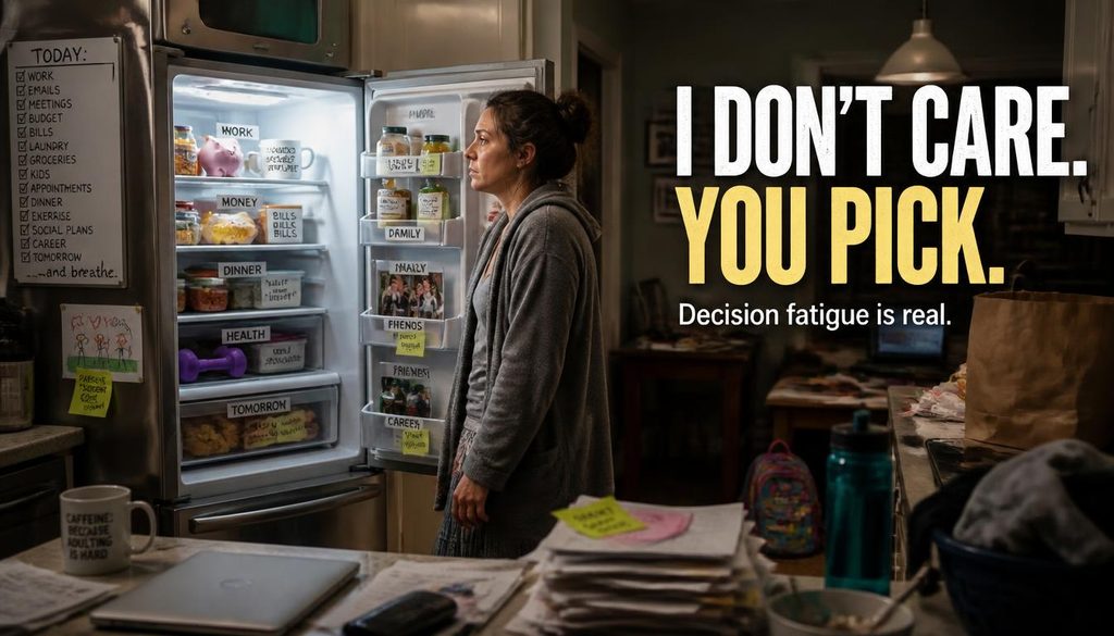 decision fatigue adulting too many choices Exhausted adult staring into refrigerator after a long day representing decision fatigue