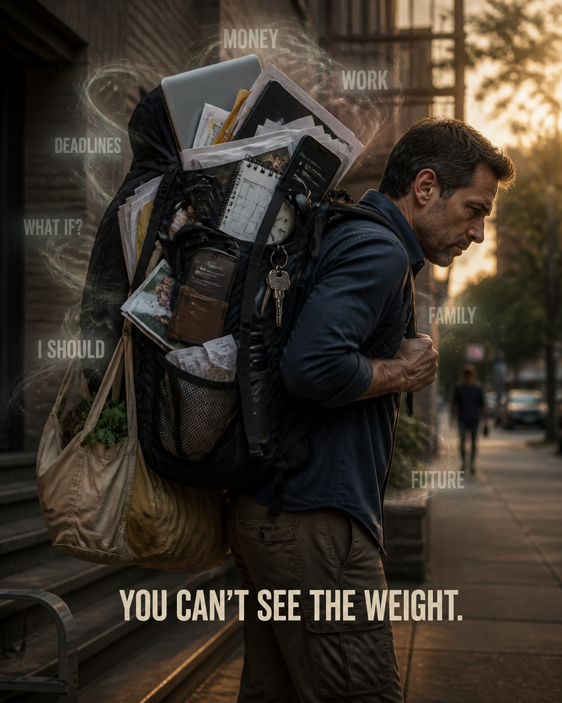 emotional backpack weight adult life Adult carrying an overloaded backpack representing bills, work, family responsibilities and emotional stress