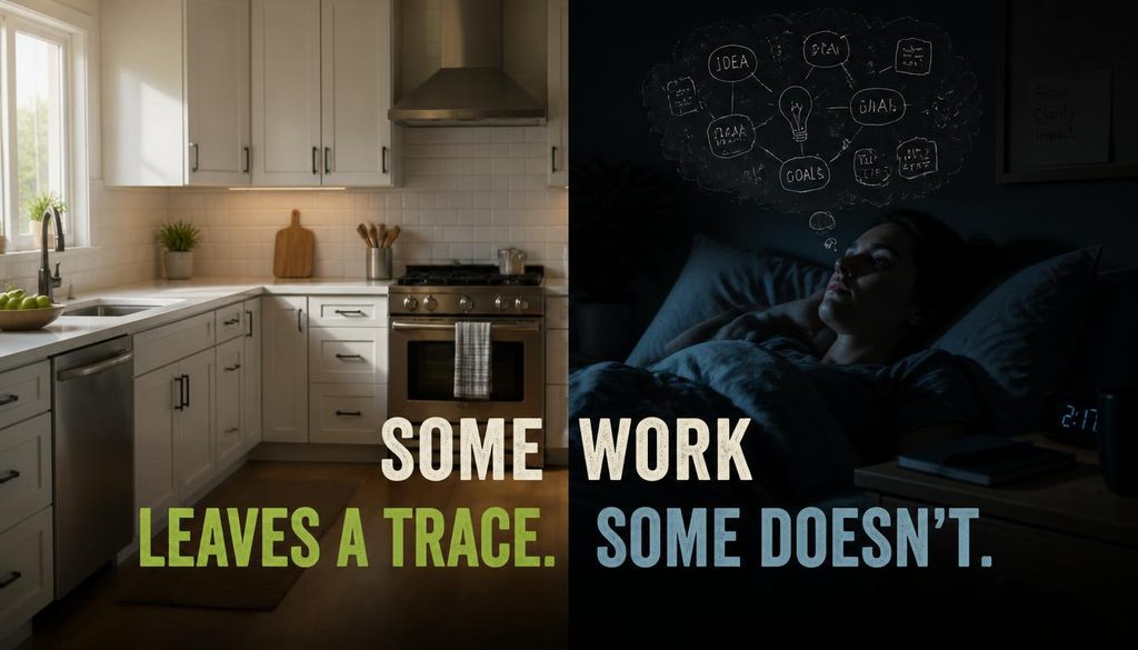 invisible emotional work adult exhaustion Conceptual image showing visible household work compared with invisible emotional work and mental exhaustion