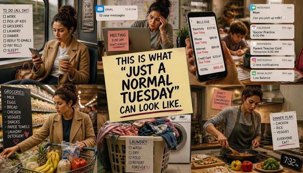 real life emotional load normal tuesday Busy adult Tuesday showing work, family, household and financial responsibilities