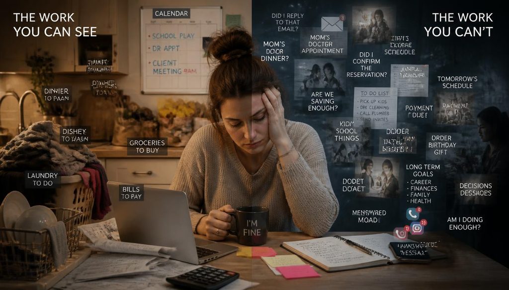 visible and invisible emotional load adulthood Visual comparison of visible household work and invisible mental and emotional responsibilities of adulthood