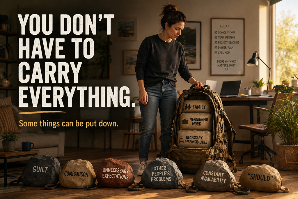 you dont have to carry everything emotional load Adult putting down an overloaded backpack representing unnecessary emotional responsibilities